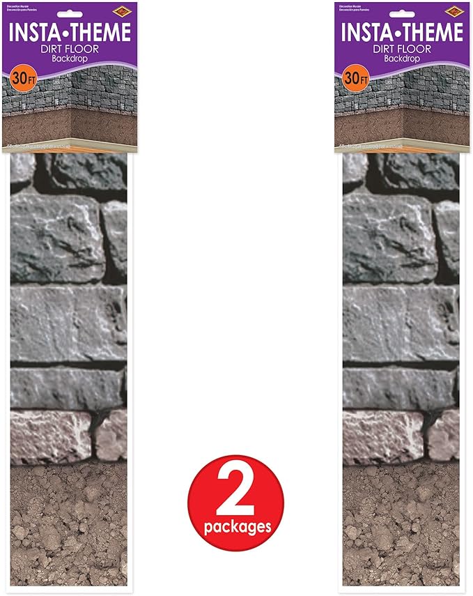Beistle Stone & Dirt Floor Wall Backdrops, 4’ x 30’, Pack of 2 – Medieval Party Decorations, Medieval Decor Background, Easy to Adhere Wall Covering, Stone Backdrop, Halloween Party Decorations
