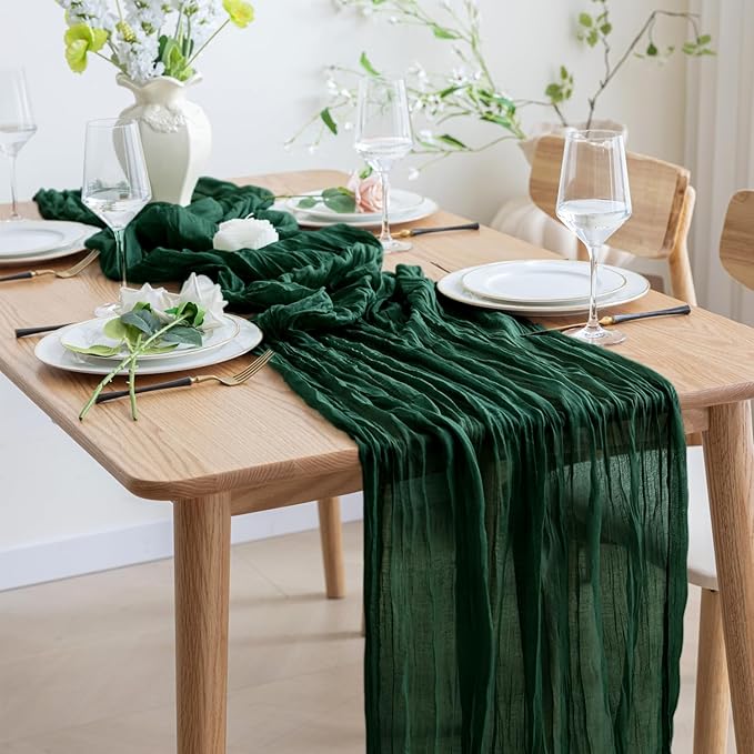 Asee'm 2PCS Table Runner Cheesecloth Christmas 10FT Emerald Green Boho Gauze Fabric Rustic Sheer Cheese Cloth Runners for Wedding Bridal Shower Party Spring Easter Decoration