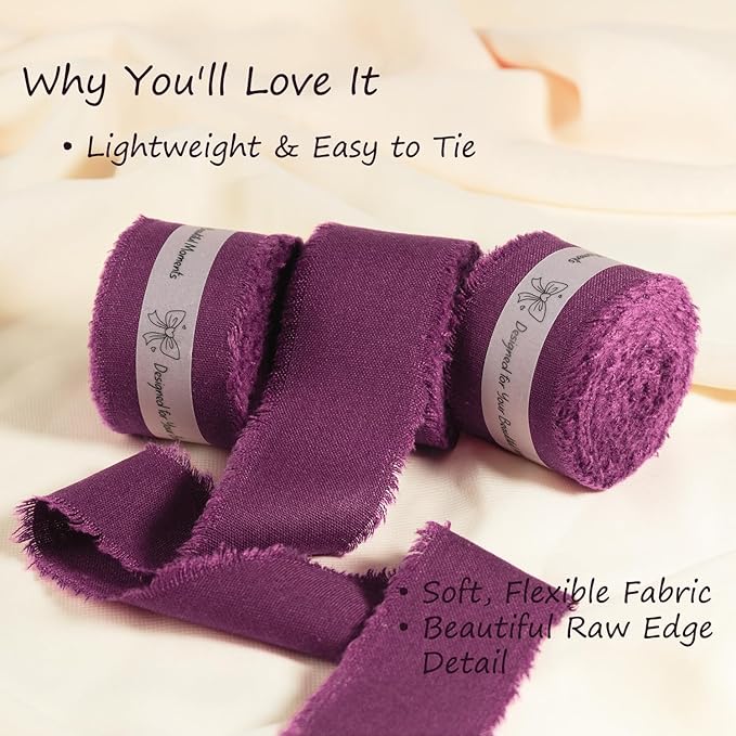 Grape Wine Cotton Ribbon 1-1/2 Inch Grape Wine 3 Rolls 21 Yards Frayed Edge Fabric Set for Wedding Decor, Anniversary Celebration, Bridal Bouquet Wrap, Gift Wrapping & Fall Wedding