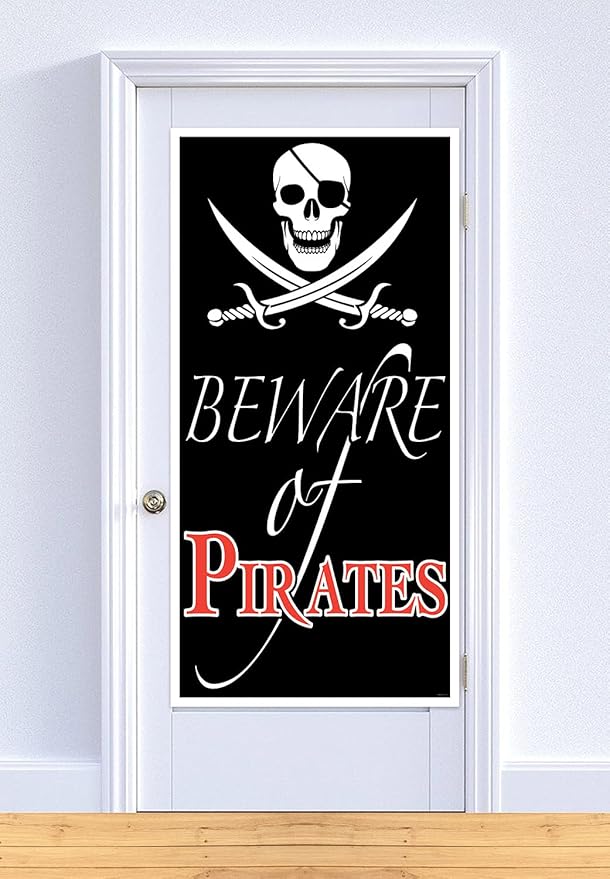 Beistle Plastic Beware of Pirates Door Cover, 5' x 30" - Skull & Swords Sign Party Decor, Nautical Wall Decorations, Themed Birthday Parties, Events & Celebrations