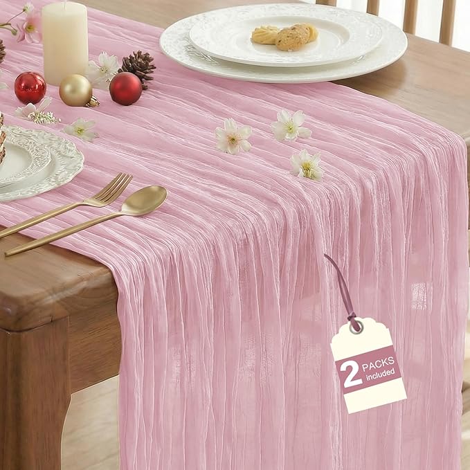 IVAPUPU 2 Pcs Cheesecloth Table Runner - 10ft Pink Boho Gauze Cheese Cloth Table Runners for Baby Shower Decorations Wedding Party Summer Garden Decor