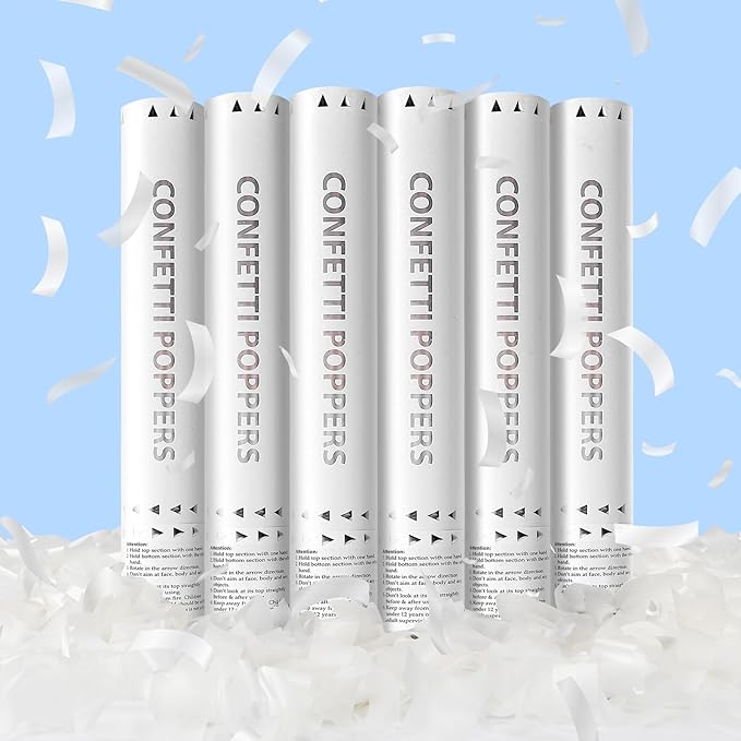 White Confetti Poppers,Rice Paper Water Soluble Cannon for Wedding,Biodegradable Confetti Poppers Air Powered For Engagement,Wedding,Birthday,Celebrations and New Years Eve(White 6pack)