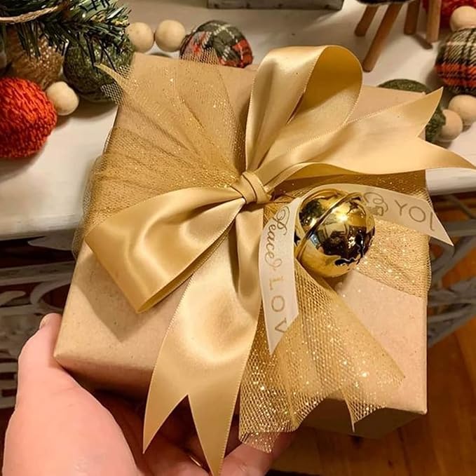 Gold Christmas Ribbon, Gold White Satin Ribbon 1-1/2 Inch 50 Yards Fabric Ribbons for Christmas Party Decorations, Gift Wrapping, Tree Ornaments, Bouquets, Door Wreaths, Bows Making and DIY Crafts