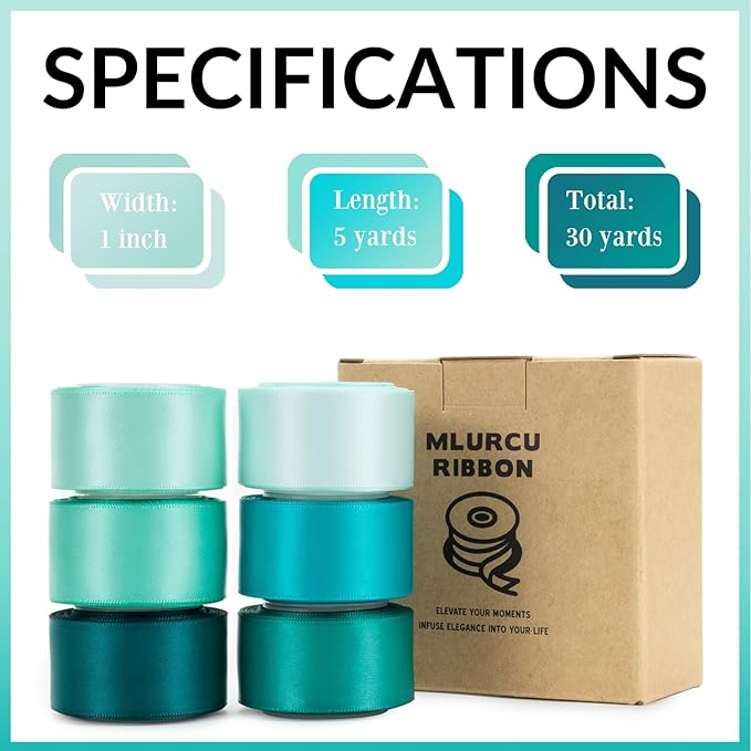 Teal Ribbon 1 Inch Double Faced Satin, Dark Teal, Aqua, Turquoise, Jade, Peacock, Mint Green, Blue and Green Ribbon for Flower Bouquet, Gift Wrapping, Wedding, Bridal Shower, Bows & Crafts - 30Yds
