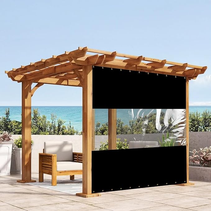 Covers & All Outdoor Clear Panel Curtain, 12 oz Vinyl Outdoor Curtains for Patio, Weather Resistant Waterproof Tarp with Brass Grommets for Pergola, Porch, Gazebos, Balcony (4'H x 9'W Feet, Black)