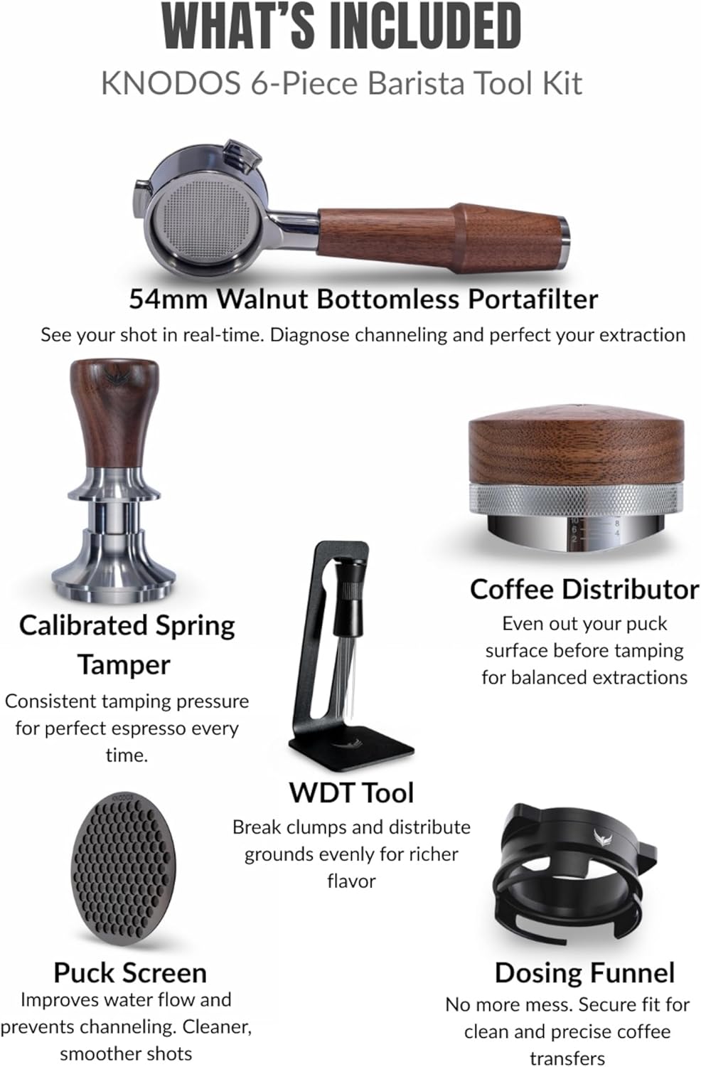 Espresso Tools Kit for Breville 54mm Machines – Walnut Handle Naked Portafilter, Spring Tamper, Coffee Leveler, Dosing Ring