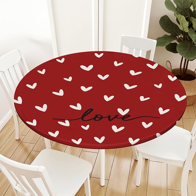 Valentines Day Round Fitted Tablecloth with Elastic Red White Love Heart Circle Table Cloth for 40-44" Round Tables Stretch Waterproof Washable Valentine Table Cover for Picnic Dining Party Decor