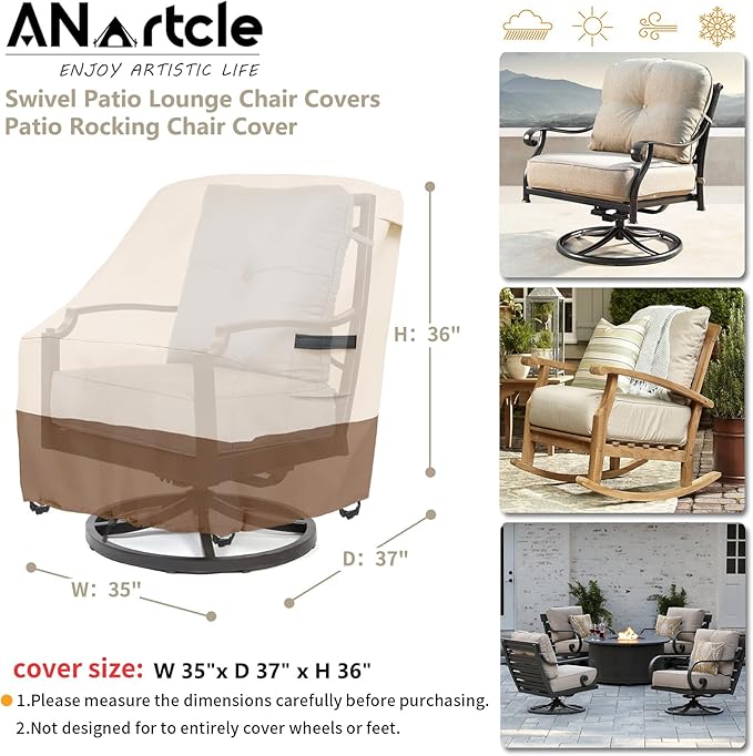 Outdoor Swivel Lounge Chair Cover 2 Pack,600D Waterproof Heavy Duty Outdoor Chair Covers(35 W x 37 D x 38.5 H inches),Patio Swivel Chair Covers for Outdoor Furniture,Beige&Brown.