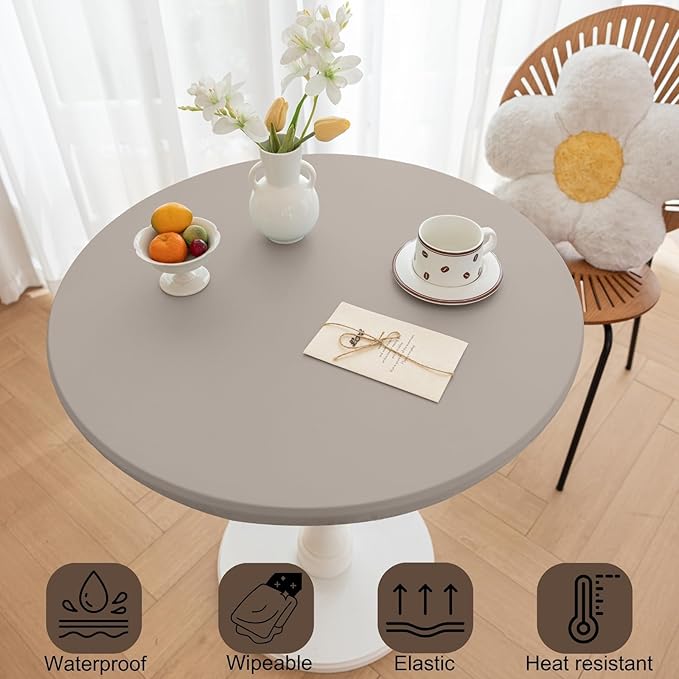Round Fitted PU Tablecloth with High Elastic Edge 24 Inch Dia Waterproof Oil Proof Table Cloth Anti-Scald Stain-Resistant Wipeable Table Cover for Indoor Outdoor Picnic (Grey,24" Dia)