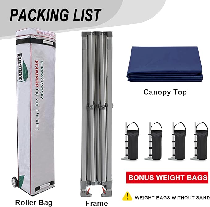 Eurmax USA 10x10ft Pop Up Canopy,Commercial Instant Tent for Outdoor Events,Patented No-Tip Rolling Storage Bag with 4 Sandbags,UV & Water Resistant,Heavy Duty Portable Shelter Gazebo,Navy Blue