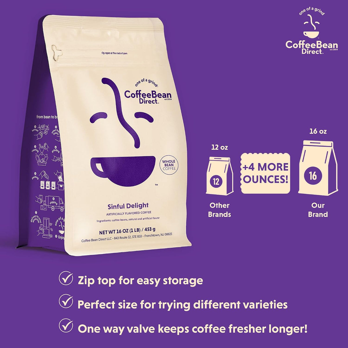 Coffee Bean Direct Sinful Delight Flavored, Whole Bean, 1lb Bags | Light Roast, Nutty Caramel &amp; Chocolate Flavored Coffee Beans