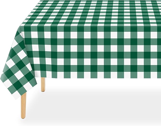QIKSION Green Gingham Tablecloth Disposable 12 Pack, 54 x 108 Inch Green and White Checkered Table Cloth for Camping, Birthday, Masters Golf Party Supplies, Rectangle, Plastic Table Cover