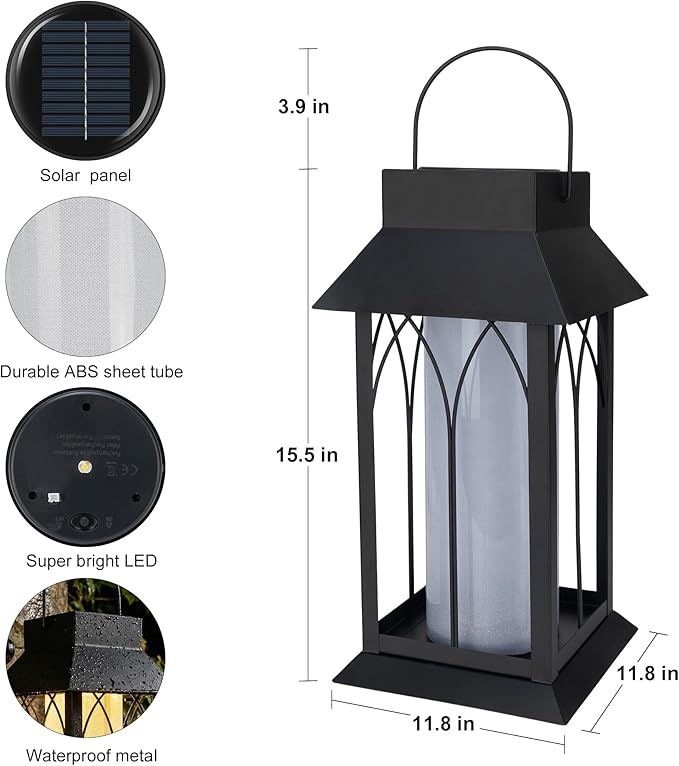 Solar Lantern Outdoor Waterproof ,Black Heavy Duty Metal Solar Powered Hanging or Table Lamp for Patio, Garden, Yard, Porch - Decorative Warm White Lights