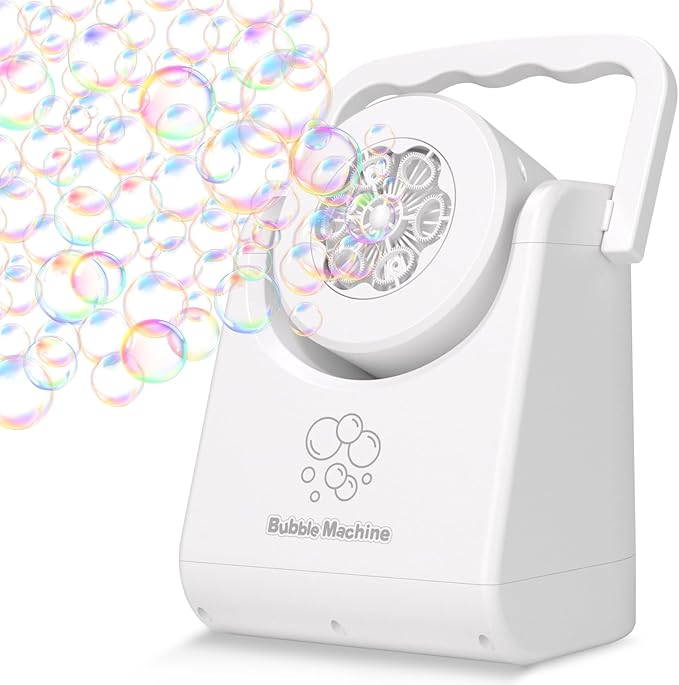 IFLOVE Bubble Machine for Kids 3+-Automatic Bubble Blower with Adjustable Angle,5000+ Bubbles Per Minute,Portable Bubble Maker Toy for Boys Girls,Outdoor Party Wedding Easter Birthday Gifts (White 01)