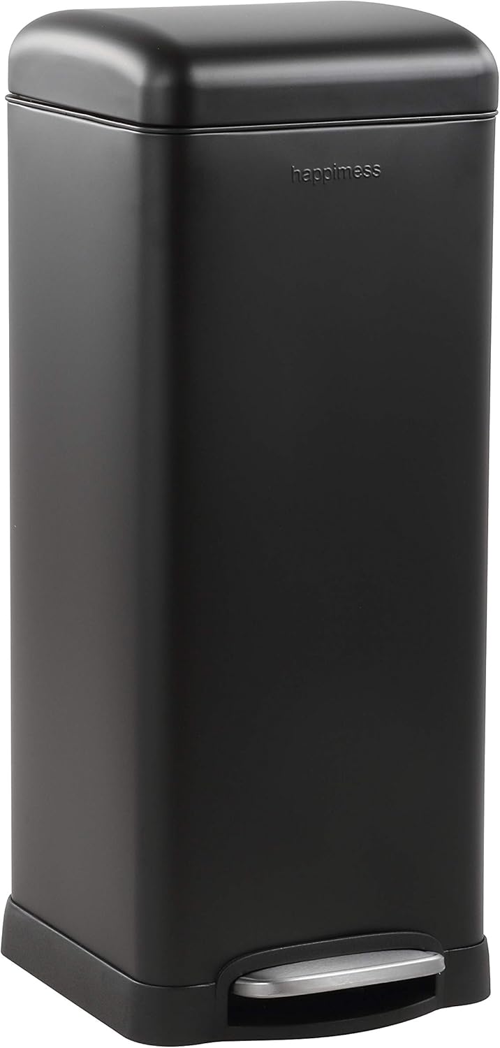 happimess HPM1007B Betty Retro 8-Gallon Step-Open Trash Can with Soft-Close Lid, Fingerprint Resistant, Modern, Minimalistic for Home, Kitchen, Laundry Room, Office, Bedroom, Bathroom, Black