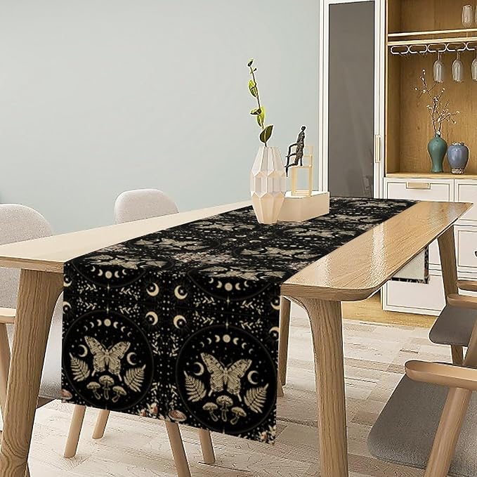 Mushroom Moth Table Runner,Vintage Boho Moon Autumn Seasonal Table Runner for Kitchen Dining Table Holiday Party Home Decor 13x90in