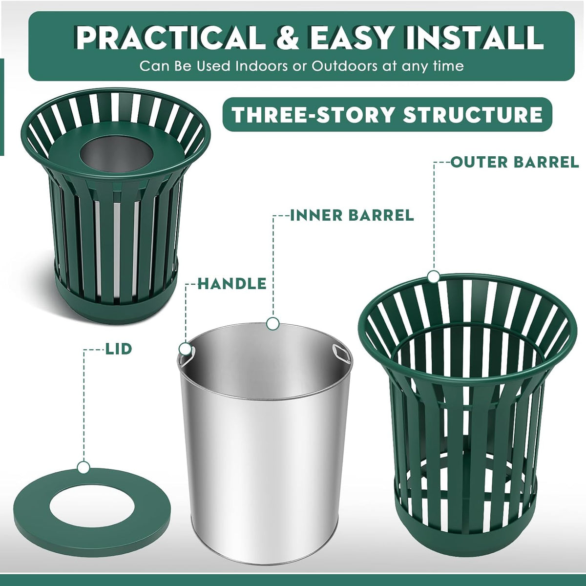 8Gallon Round Large Outdoor Trash Can, Heavy Duty Metal Slatted Garbage Can Outdoor, All Weather Resistant Commercial Garbage Cans, Waste Receptacle in Park, School, Beach, Patio (Green, Medium)