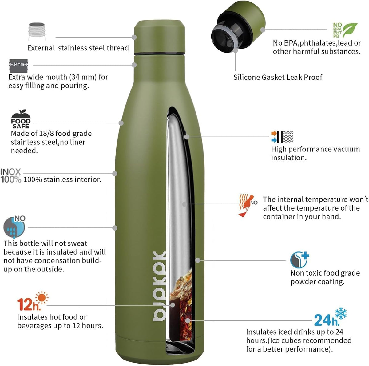 Bjpkpk 25oz Insulated Water Bottle Double Wall Vacuum Insulated Stainless Steel Water Bottles for Spots Keep Cold and Hot,Olive Green