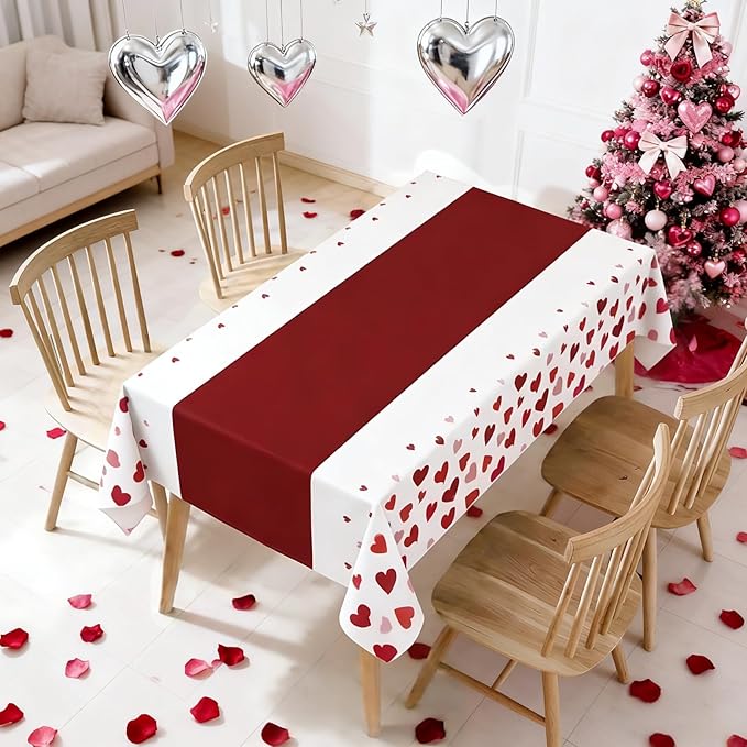 Red Table Cloths Rectangle - 2 Pack Heart Pattern Valentine's Day Decoration Party, Disposable Plastic Tablecloth 54" x 108", Suitable for Valentine's Day Wedding Anniversary Party Decoration