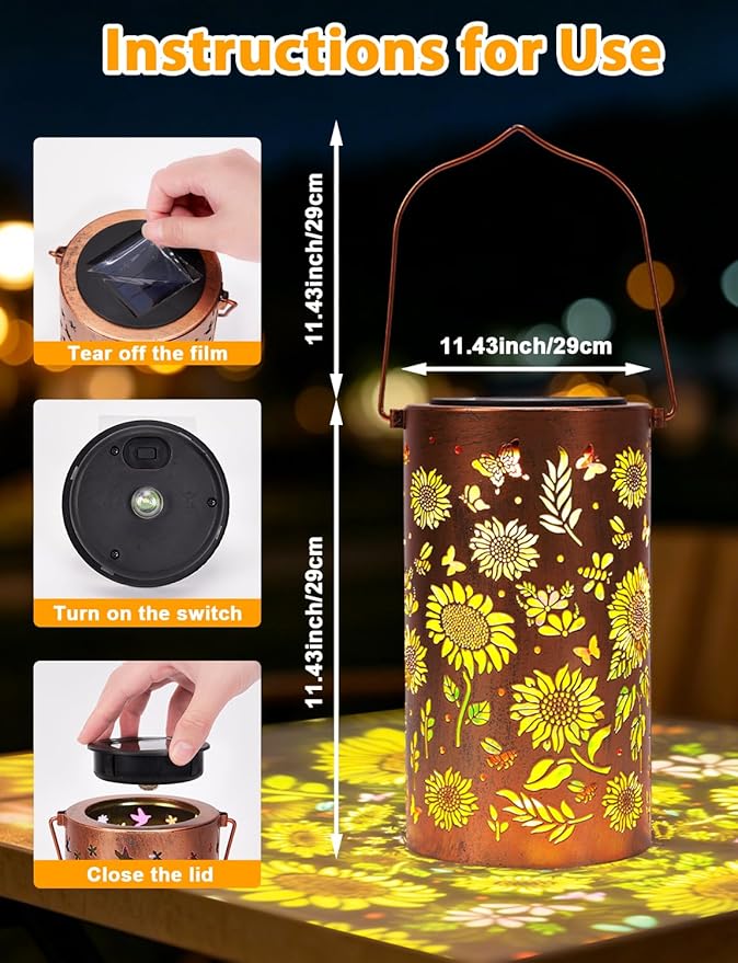 Sunflower Solar Lanterns Outdoor Waterproof, Metal Lantern Garden Lights with Color Projection, Garden Decor Gifts for Mom Women Mother Grandma, Hanging Solar Lights for Yard Porch Patio (Sunflower*2)