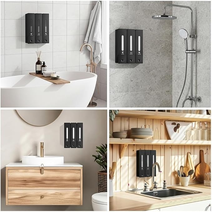 Soap Dispenser - 3 Chamber - 3x400ml - No Drill Wall Mount Bottles Organizer Toiletries for Cream Lotion Liquid Soaps Shampoo Conditioner Storage - Modern Essentials Bathroom Set - Black 2