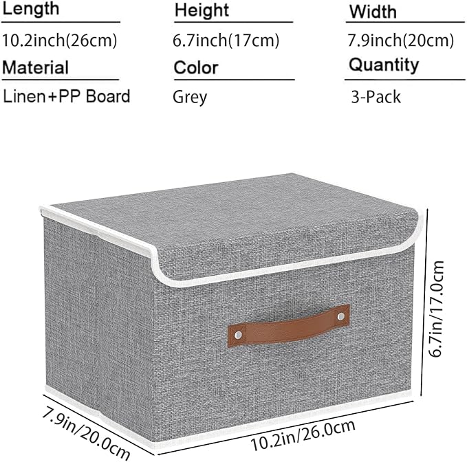 Yawinhe Collapsible Storage Box, Cube Organizer Basket, Fabric Bin with Lids, Washable and Leather Handle for Shelves, Closet, Grey, 10.2x7.9x6.7 In, 3-Pack, SNK024GN-3