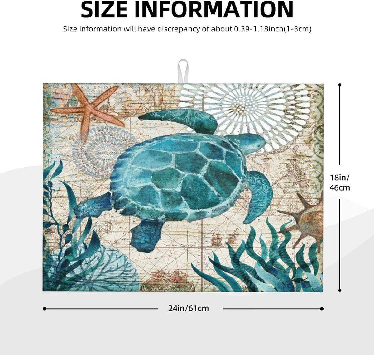 Ocean Sea Turtle Dish Drying Mat for Kitchen Counter 18x24 in, Retro Map Microfiber Drying Mats Absorbent Reversible Dish Pad Large Dish Draining Mat