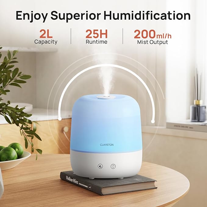Clarston 2L Cool Mist Humidifier for Bedroom with 360° Adjustable Nozzle, High and Low Mist Levels, Ultra-Low Noise, Light-Off, No BPA, Auto Shut Off, Ideal Baby Humidifier with Easy Top Filling