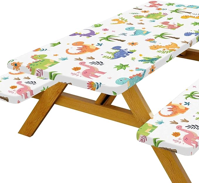 Funny Dinosaur Picnic Table Cover with Bench Covers and Bag, Camping Essentials, Animal Waterproof Windproof Fabric, Fitted Tablecloth Cover with Elastic Edge, for Indoor & Outdoor, 3 PCS, 30x96 Inch