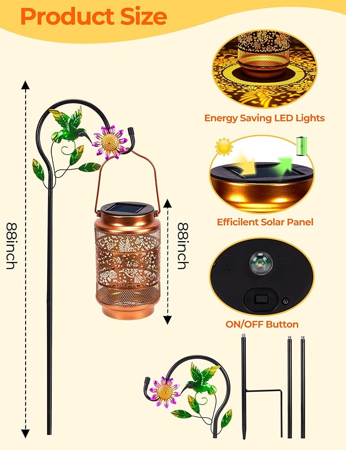 Mothers Day Gifts Hummingbird Solar Lantern Outdoor Waterproof with Shepherd Hook, Metal Hanging Hummingbird Garden Decor, Birthday Gifts for Women Mom Grandma Sister