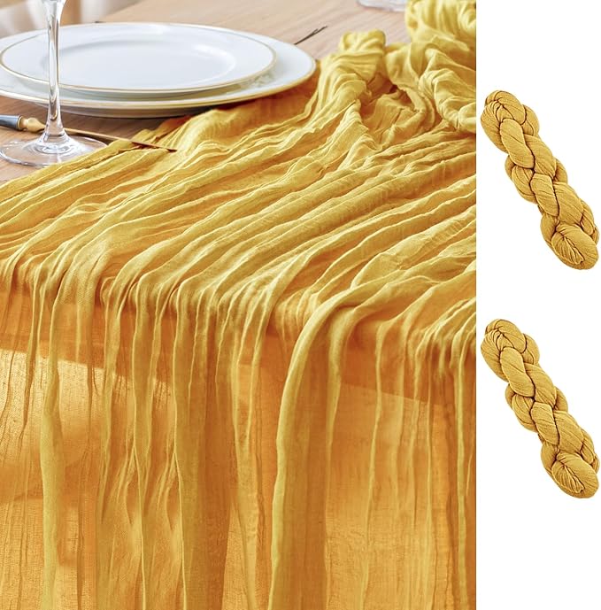 Asee'm 2pcs Cheesecloth Table Runner 120 Inches Long Gold Boho Gauze Cheese Cloth Runner 10FT Rustic Sheer Table Runners for Christmas Wedding Party Baby Shower Spring Easter Decoration