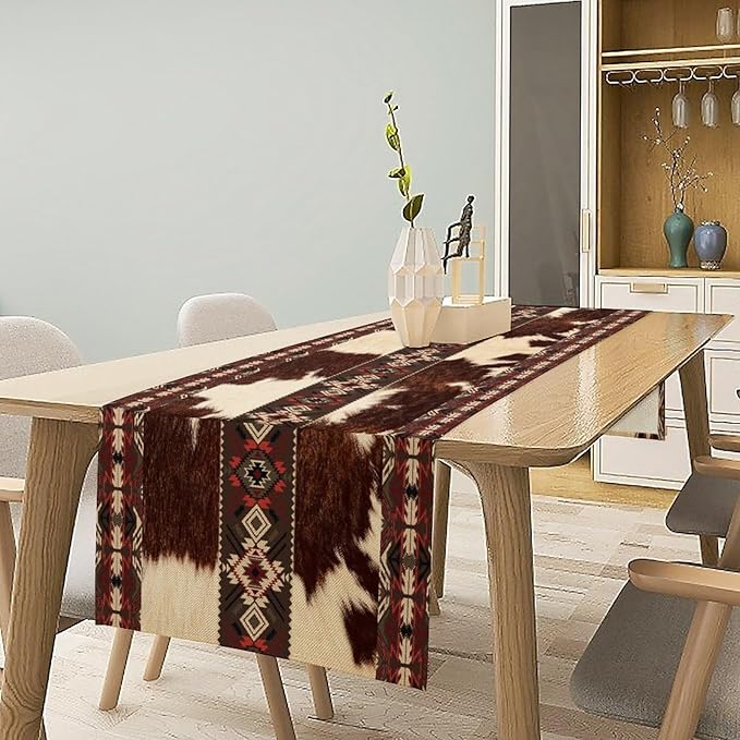 Cowhide Table Runner, Brown Cow Western Exotic Aztec Wild Animals Skin Table Runner for Kitchen Farmhouse Dining Home Outdoor Party 13x36in