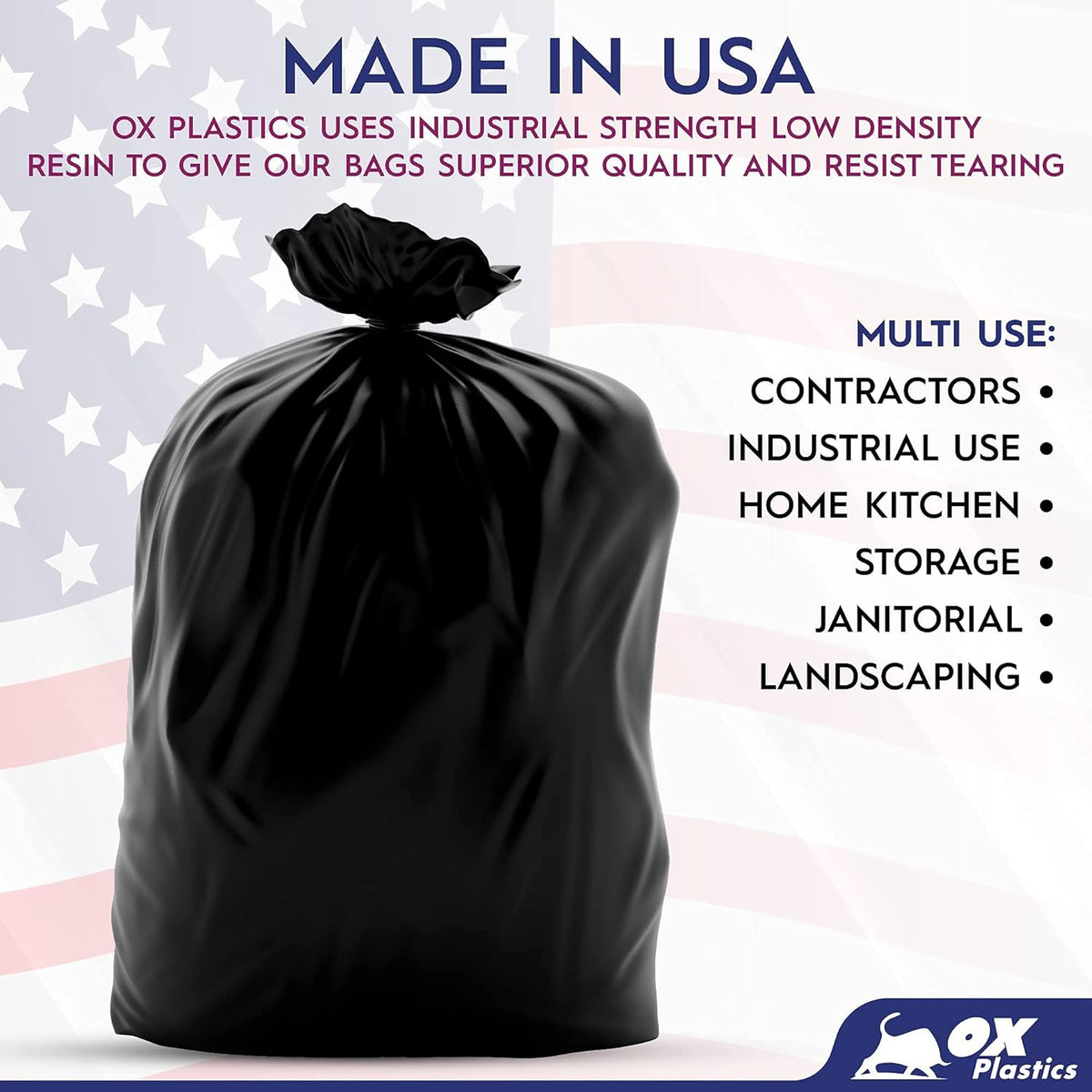 Ox Plastics Trash Can Liners Bags - Extra Heavy Duty Strength - Large Garbage, Leak-Proof & Durable, House & Commercial Use Bags (50) - Black (4 Mil, 60 Gallon)