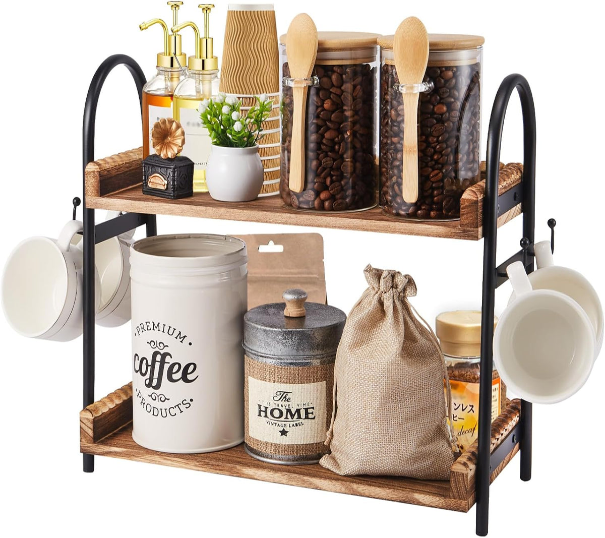 Coffee Bar Accessories, 2-Tier Coffee Bar Organizer with 4 Coffee Cup Holder Hooks
