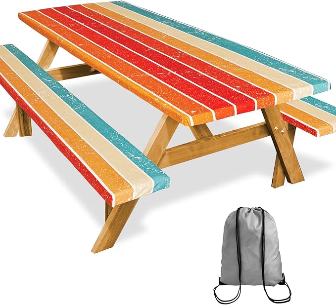 Picnic Table Cover with Bench Covers Camping Essentials Outdoor Reusable Waterproof Tablecloth with Storage Bag, Fitted Rectangle Tables and Seats, 96in, Orange Blue Rainbow