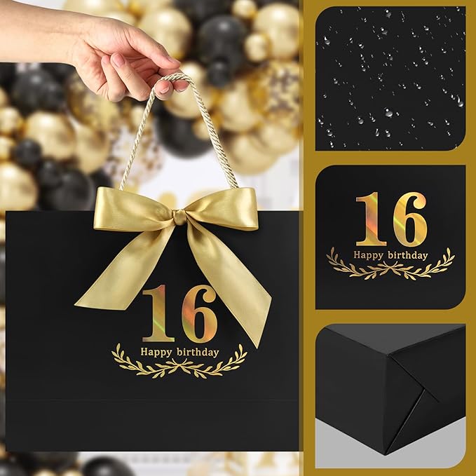 JMANNI Black Gold 16th Birthday Gift Bag with Card and Tissue Paper, 14.2"×9.84"×4.3" Large Present Bag for Teens, 16 Year Old Birthday Keepsake Party Supplies