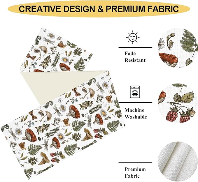 Mushroom Table Runner, Rustic Farmhouse Forest Plants Botanical Country Coffee Table Center Decor for Home Kitchen Dining Patio Holiday Party Indoor Outdoor Table Decorations, 13"x90" Inch