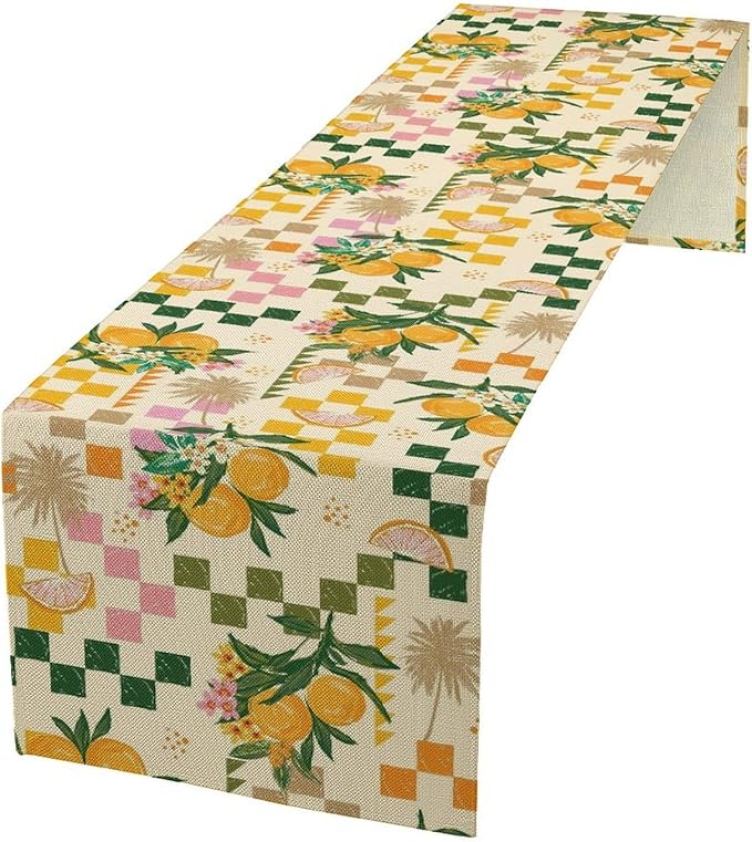 Tropical Summer Fruit Table Runner, Orange Square Grid Lemon Beach Ocean Table Runner for Kitchen Dining Party Holiday Home 13x120in