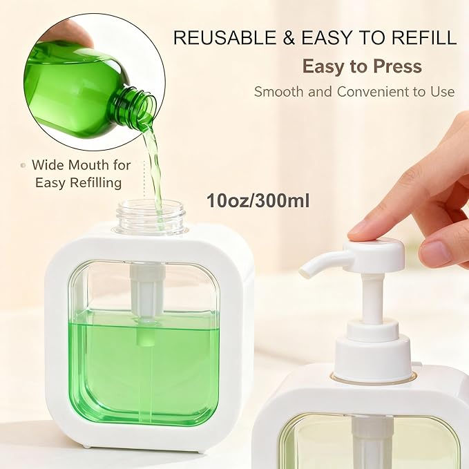 10oz Soap Dispenser, Plastic Hand Soap Dispenser for Bathroom & Kitchen, Waterproof White Clear Soap Pump Bottle, BPA Free Leak Proof Refillable Lotion Dispenser