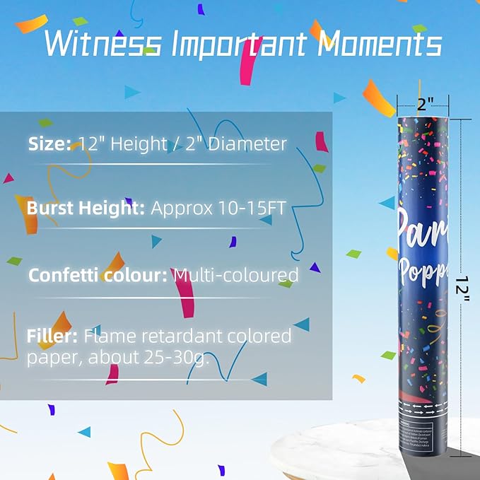 Confetti Cannon Party Popper 12 Pack Biodegradable Confetti Popper Cannons 12 Inch Multicolor Confetti Shooters for Wedding Graduation Birthday 4th of July New Year Christmas Party Supply Celebration