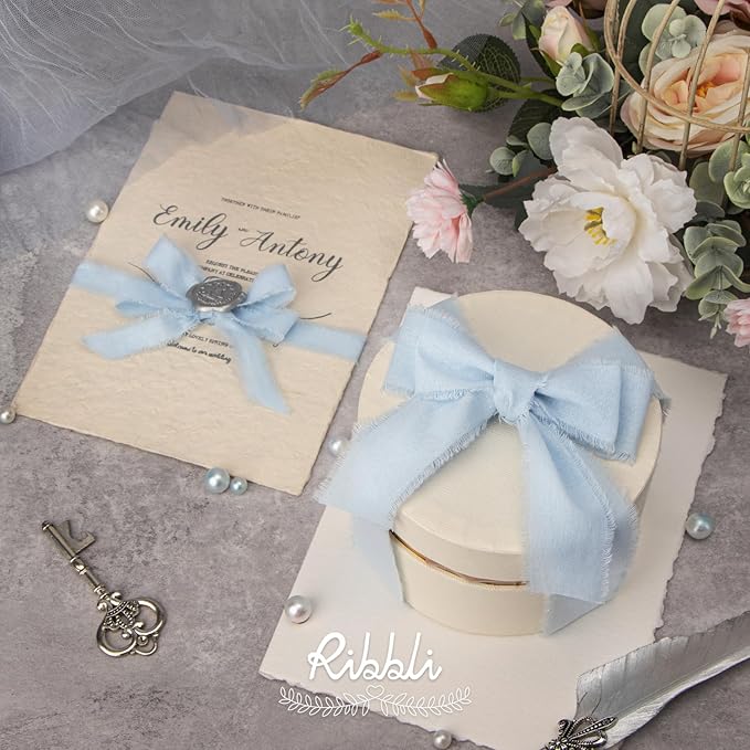 Ribbli 3 Rolls Light Blue Ribbon 5/8 Inch x 18Yards Handmade Cotton Frayed Fringe Ribbons for Gift Wrapping Wedding Invites Bridal Bouquets Baby Shower DIY Crafts Home Decor