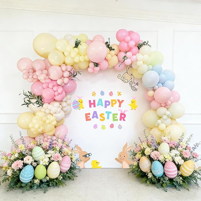 60pcs Easter Party Balloons, 12inch Macaron Pink Yellow White Latex Balloons for Easter Party Decorations, Bridal Shower, Baby Shower, Wedding Decor (With Ribbons)