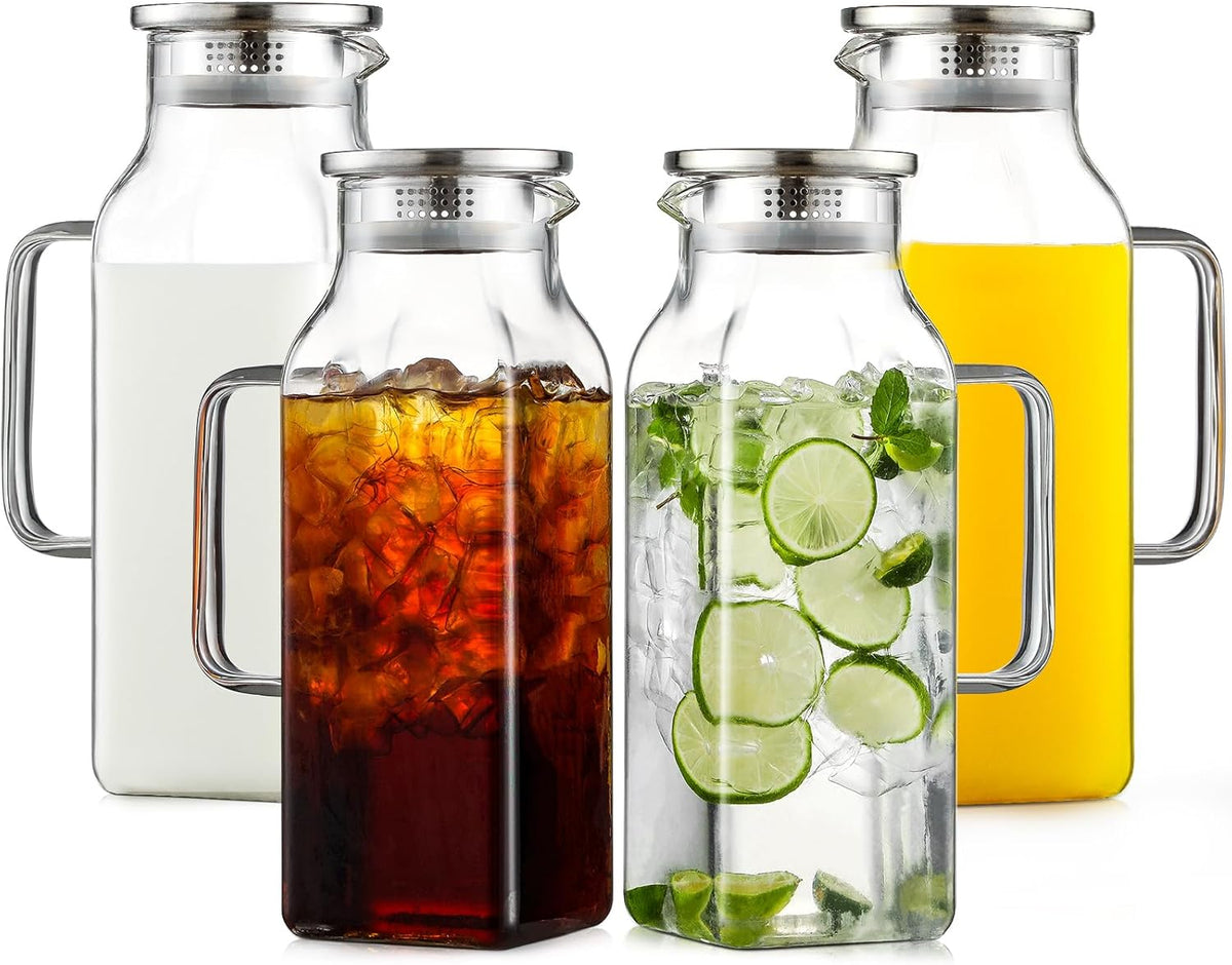 Netany 4 Pack 2 Liters/68 oz Square Glass Pitcher with Lid and Handle for Fridge, Iced Tea and Coffee Carafe Beverage Serveware