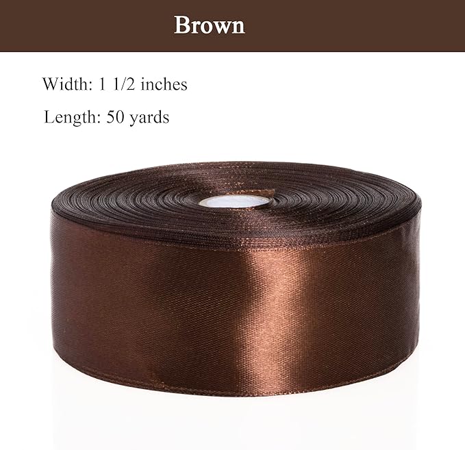 YASEO 1 1/2 Inch Brown Solid Satin Ribbon, 50 Yards Craft Fabric Ribbon for Gift Wrapping Floral Bouquets Wedding Party Decoration