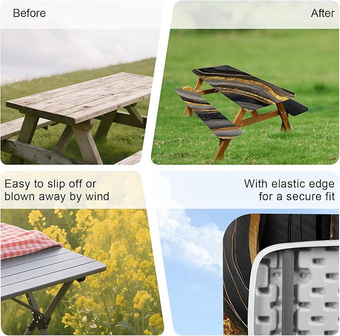 ANNA QUEEN 6FT Black Gold Picnic Table Cover with Bench Covers Picnic Table Cover Set 3PCS 72"x30", Waterproof Outdoor Bench and Tablecloth Furniture Protection for Camping Beach BBQ Patio Backyard