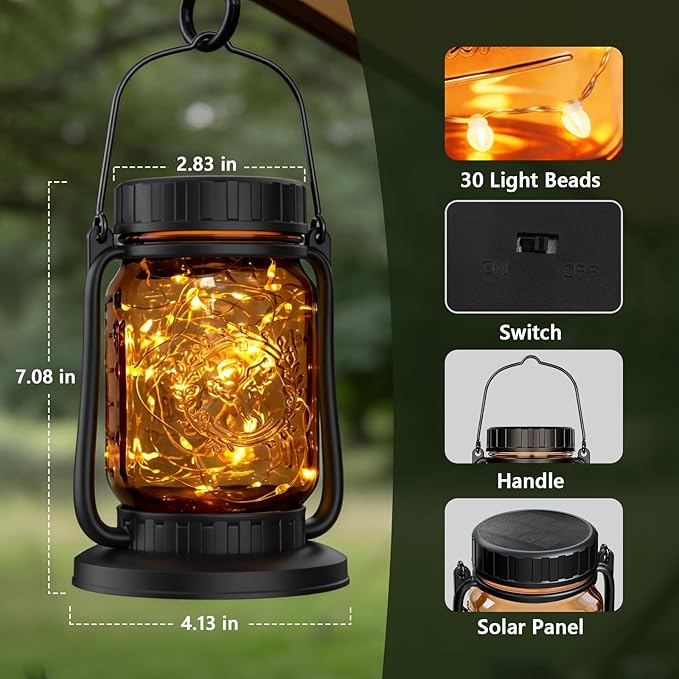 Solar Mason Jar Lantern Outdoor Waterproof, Hanging Solar Lantern Lights for Outside, Fairy Glass Decorative Lantern for Yard Patio Garden Porch Table Wedding, 2 Pack
