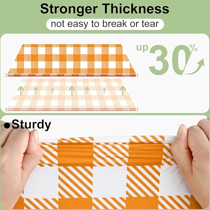 Smiry 3 Pack Gingham Disposable Table Cloth, 54 x 108 Inch Waterproof Plastic Tablecloth, Rectangle Orange Checkered Pumpkin Table Covers for Thanksgiving, Harvest, Birthday, Party