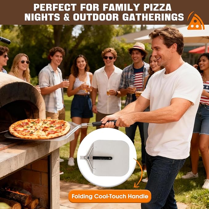 Pizza Peel Aluminum Metal Pizza Spatula Kit | 12x14 Inch Foldable Handle Paddle | 6Pcs Pizza Oven Accessories with Rocker Cutter, Pizza Pan, Pizza Server, Oven Mitts, for Family Oven Baking