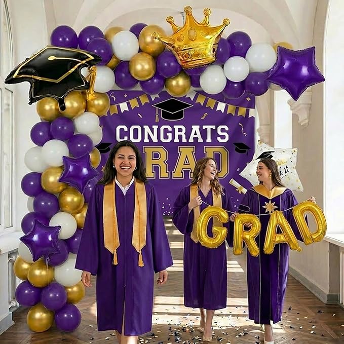 Purple White Gold Balloon Garland Arch Kit with backdrop Stars Graduation Cap crown GRAD Letters Mylar Balloons for 2026 graduate Prom Decorations
