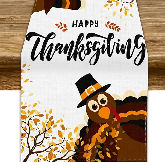 Thanksgiving Turkey Table Runner, Cartoon Turkey Autumn Branch Yellow Leaves Fall Harvest Kitchen Dining Table Decoration for Indoor Outdoor Farmhouse Home Party Decor, 13x36inch